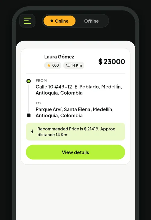 App Sube Conductor mostrando una solicitud de viaje cercana