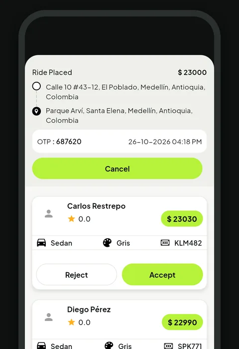 Ofertas de conductores con precio, vehículo y placa