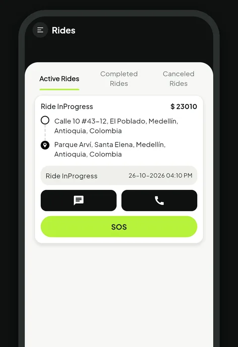 Viaje en curso con botones de chat, llamada y SOS